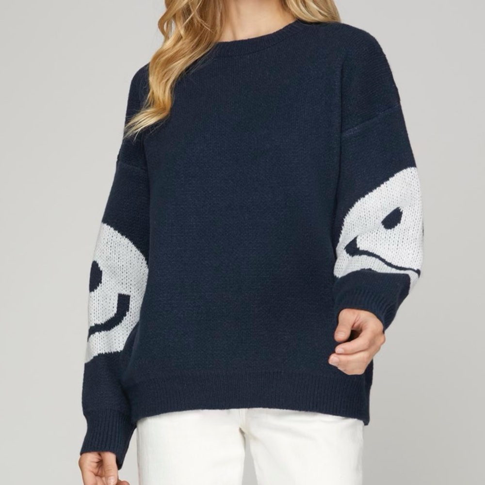 She + Sky. Navy Blue Smiley Face Sweater